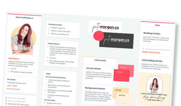 A preview image of PetiMorgan.co's brand style guidelines to give to fiverr freelancers. 
